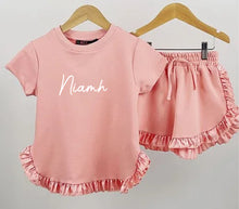 Load image into Gallery viewer, Coral Satin Frilled Shorts &amp; T-shirt Set
