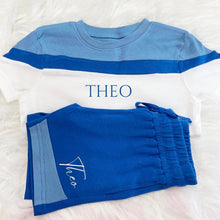 Load image into Gallery viewer, Blue &amp; White Colour Block Shorts Set
