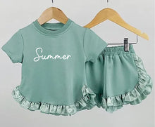 Load image into Gallery viewer, Dusty Green Satin Frilled Shorts &amp; T-shirt Set
