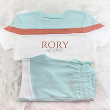 Load image into Gallery viewer, Eggshell Blue &amp; Peach Colour Block Shorts Set
