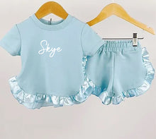 Load image into Gallery viewer, Light Blue Satin Frilled Shorts &amp; T-shirt Set
